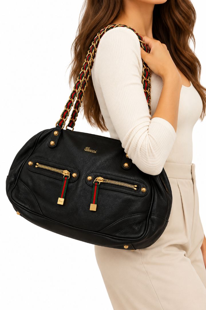 Gucci Vintage Black Leather Double Zip Web Chain Shoulder Bag