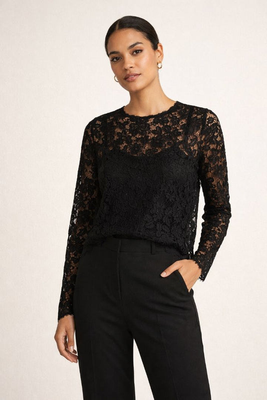 black and nude J Crew lace top with shell, L