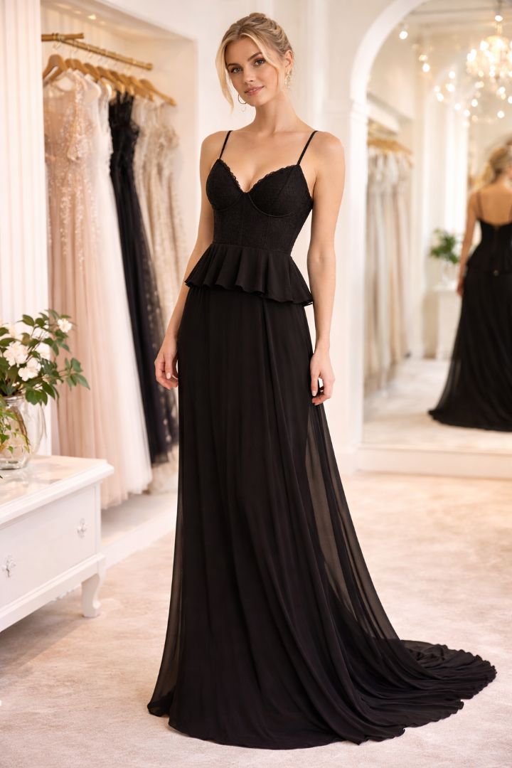 Lulus Black Peplum Spaghetti Strap Gown