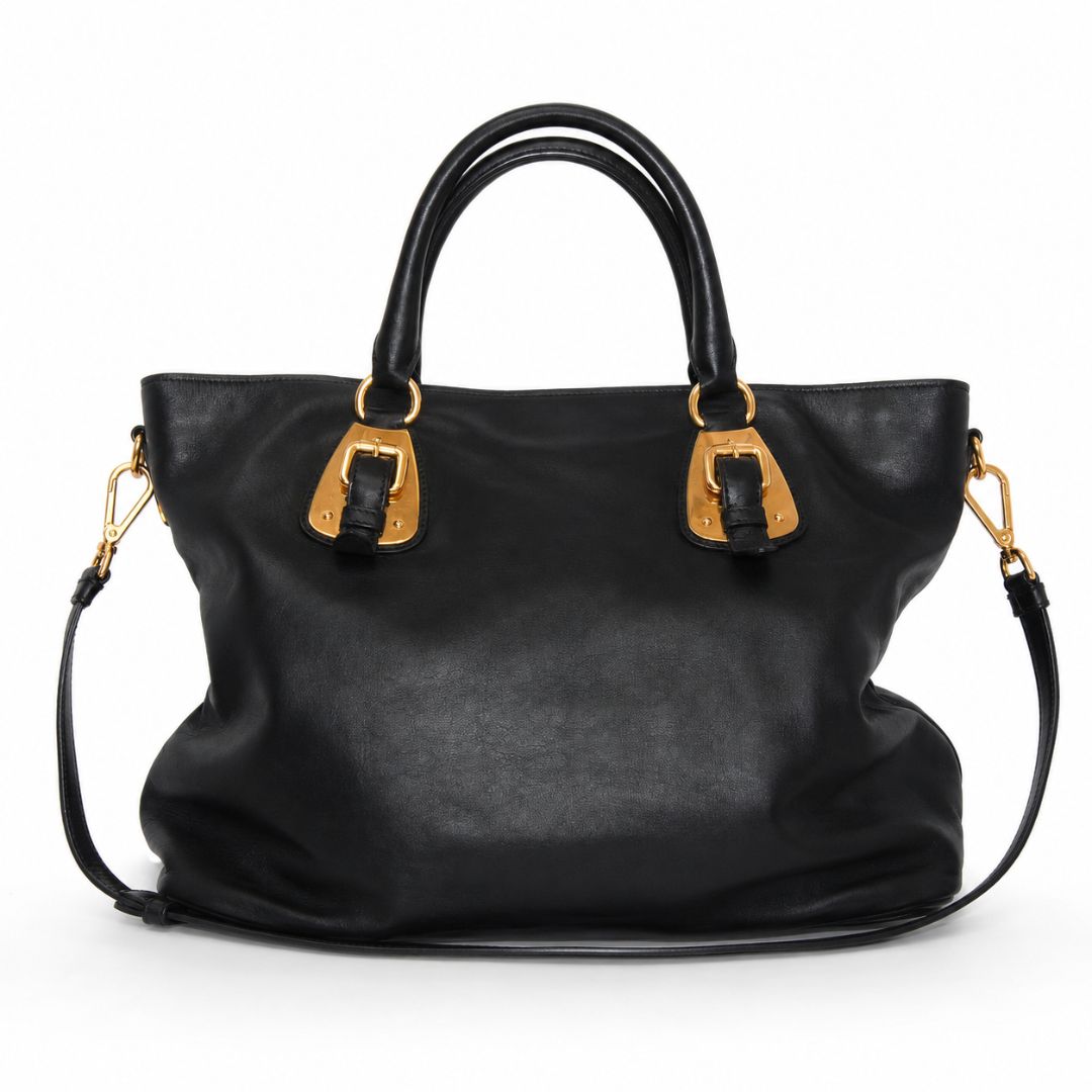 Prada Large Soft Calf Leather Bauletto Bag in Nero Black