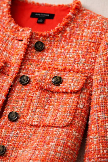 Ann Taylor Coral Boucle Tweed Fringe Blazer 8