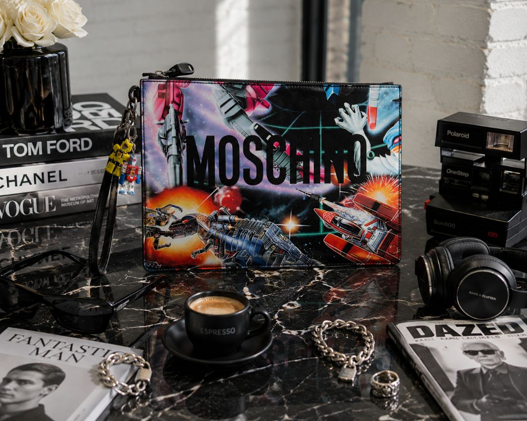 multicolor  print oversize pouch with charms