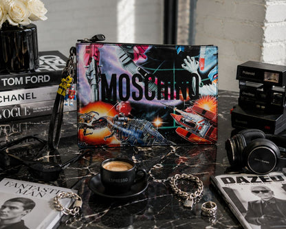 multicolor  print oversize pouch with charms