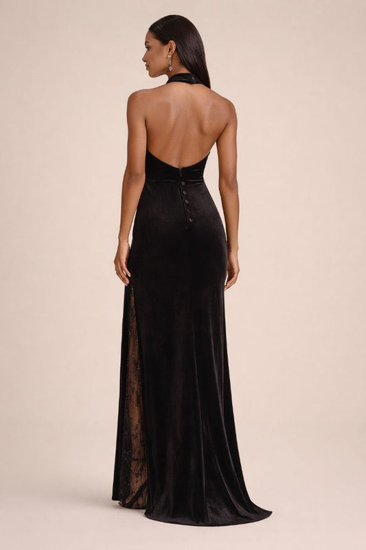 black Lulus Calisto Velvet Halter Mermaid Maxi Dress, S