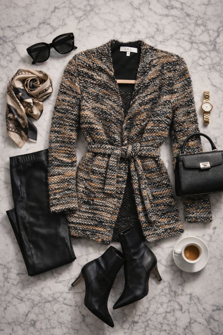 IRO Paris Neutral Marled Boucle Wrap Jacket