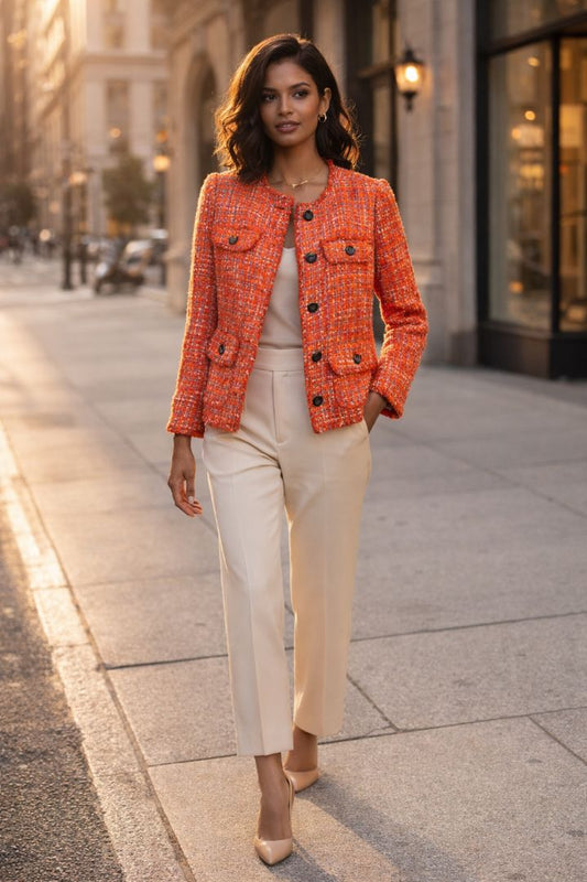 orange and brown Ann Taylor tweed jacket, 8