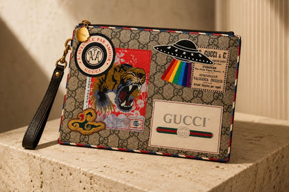 monogram Gucci supreme zip pouch wristlet