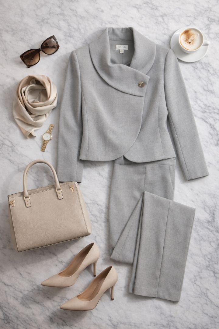 Tahari Dove Grey Asymmetric Blazer Skirt Set 6