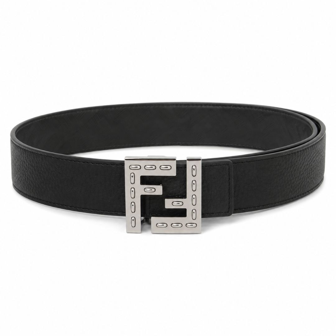Fendi Embellished FF Buckle Black Leather Belt reversible