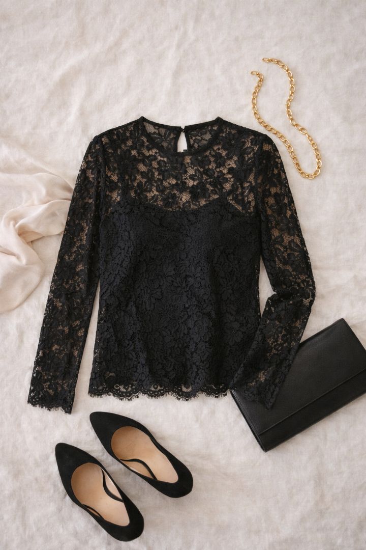 J.Crew Black Floral Lace Blouse L