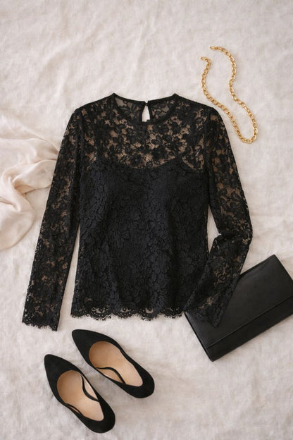 J.Crew Black Floral Lace Blouse L