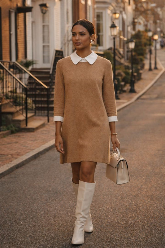 beige and white Tuckernuck collar shift dress, M