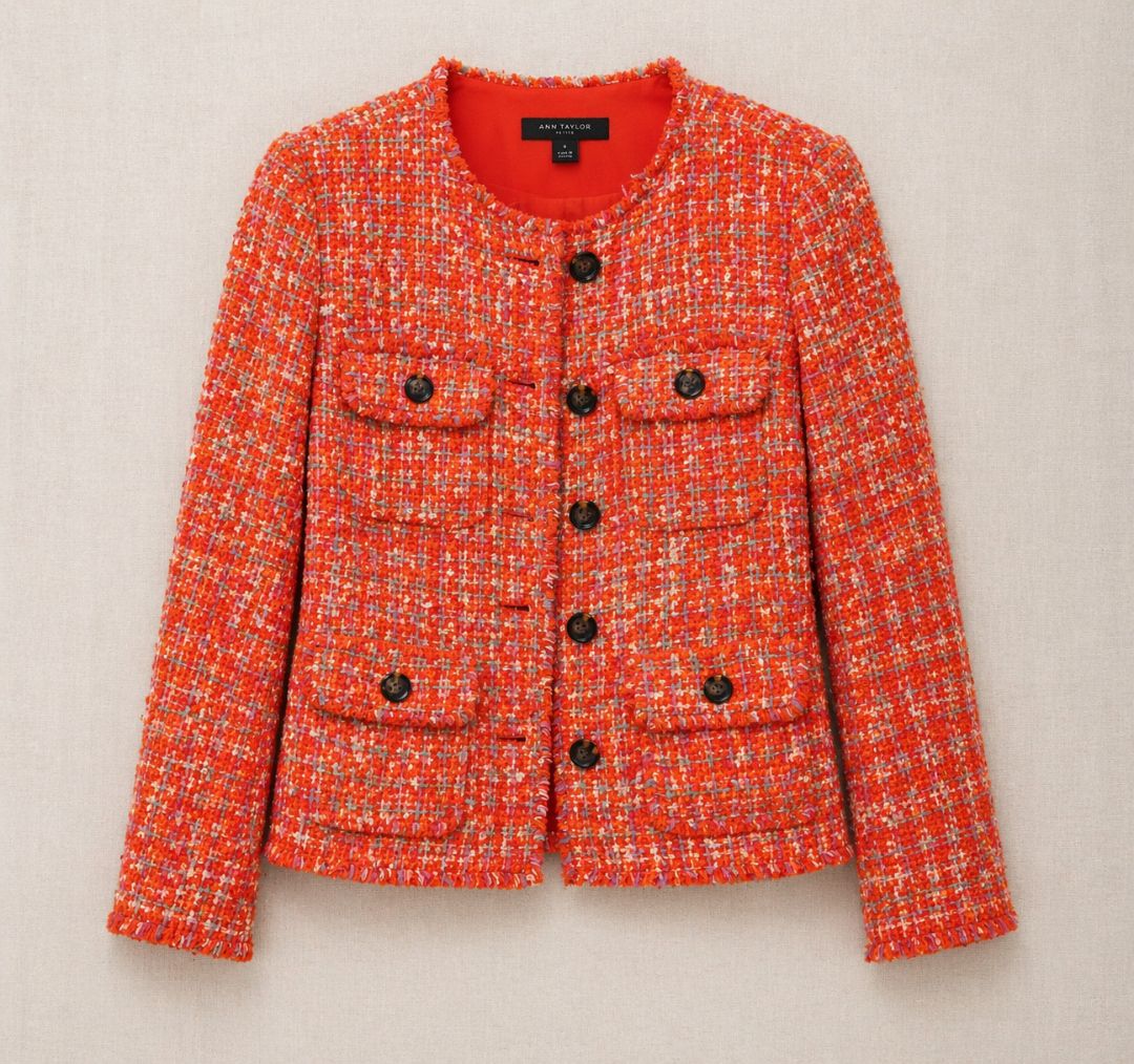 Ann Taylor Coral Boucle Tweed Fringe Blazer 8