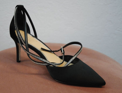 Badgley Mischka Jewel satin rhinestone heels in black – side profile, size 8.5