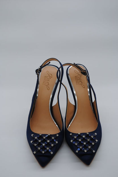 Navy Blue Badgley Mischka satin heels with jeweled toe embellishment