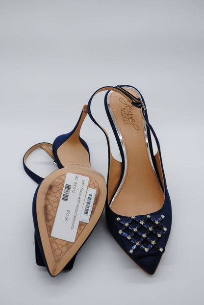 Elegant navy formal heels with satin finish and jeweled toe