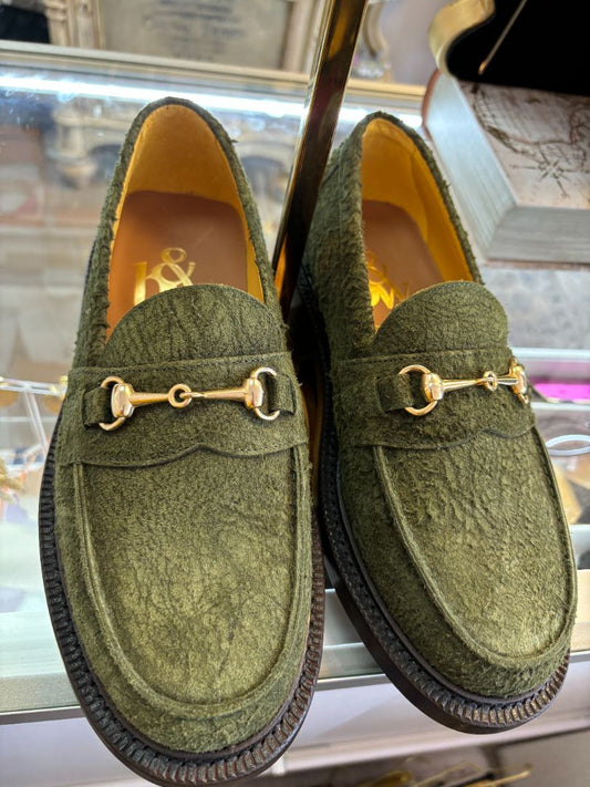 Blackstock & Weber Mason Horsebit Loafer in moss green suede with gold-tone hardware

