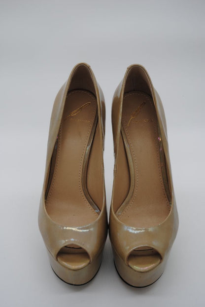 Top view of nude/tan Brian Atwood platform heels