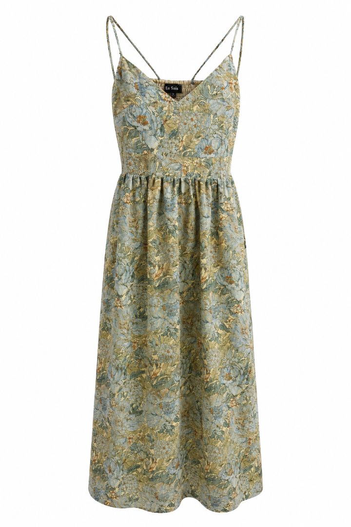 En Sais Dusty Blue Floral Midi Dress