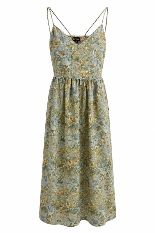 Dusty Blue, Cream, Sage Green, Soft Gold Accents En Sais Dress, Medium
