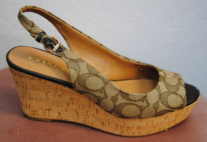 Coach Women's Tan Insignia Ferry Peep Toe Wedge Heels in Size 8.5B, featuring a leather upper, open toe design, and wedge heel with signature Coach logo detailing.