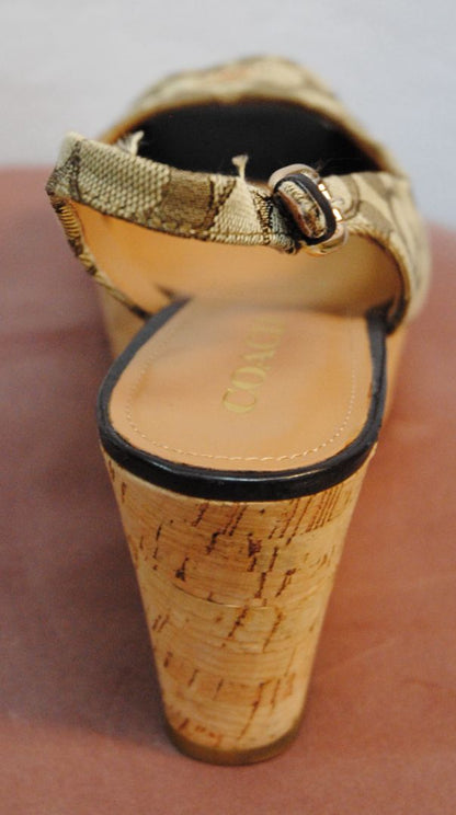 Coach Women's Tan Insignia Ferry Peep Toe Wedge Heels in Size 8.5B, featuring a leather upper, open toe design, and wedge heel with signature Coach logo detailing.