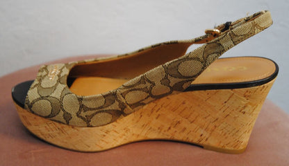 Coach Women's Tan Insignia Ferry Peep Toe Wedge Heels in Size 8.5B, featuring a leather upper, open toe design, and wedge heel with signature Coach logo detailing.