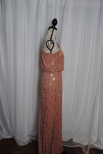 blush and gold Adrianna Papell collection Foiled dot asymmetrical mesh long dress, 6/M