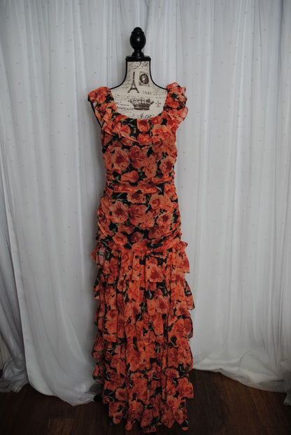 orange and black floral Lilly's Kloset Ruffle Maxi Dress, L