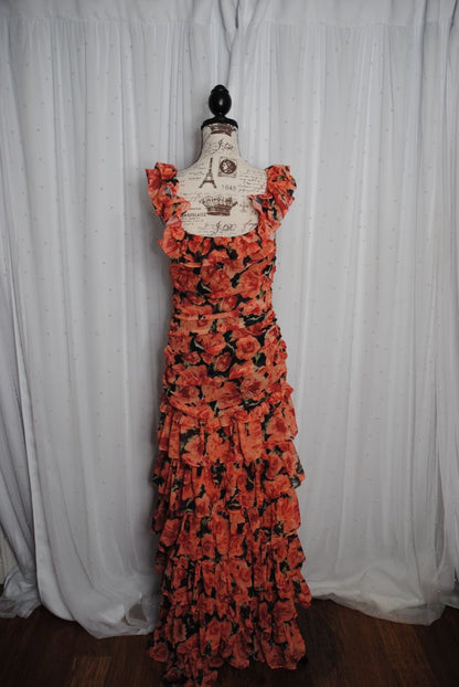 orange and black floral Lilly's Kloset Ruffle Maxi Dress, L
