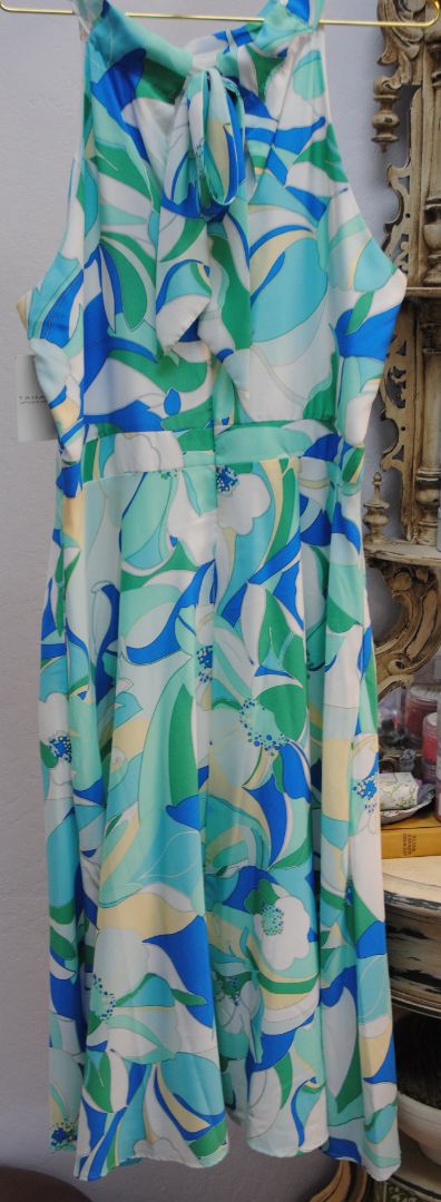 multi colored Tahari ASL Sleeveless mock neck halter dress, US 16