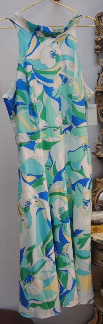 multi colored Tahari ASL Sleeveless mock neck halter dress, US 16