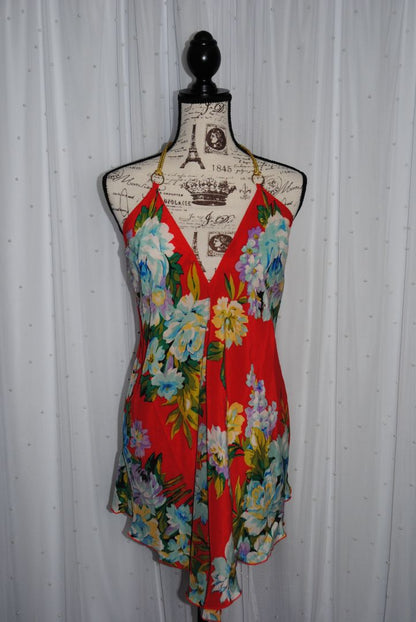orange red floral Kimchee & Blue halter floral tunic gold rope tie dress, m/l