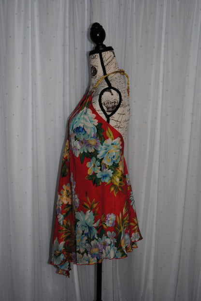 orange red floral Kimchee & Blue halter floral tunic gold rope tie dress, m/l