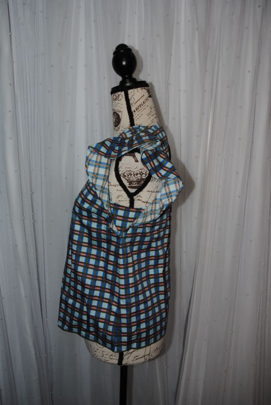 blue/green/pink Kate Spade cotton checked flutter sleeve blouse, XXS
