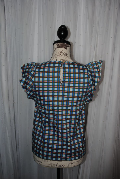 blue/green/pink Kate Spade cotton checked flutter sleeve blouse, XXS