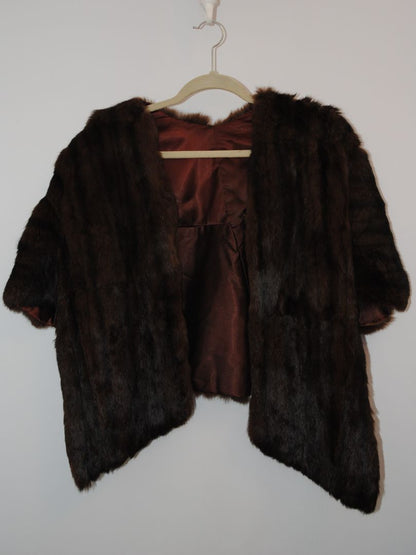 Brown Kerry Brooke Fashions mink bolero, Length: 22 in Bust (flat): 19.5 in Sleeve Length: 13 in Shoulder to Shoulder: 16 in