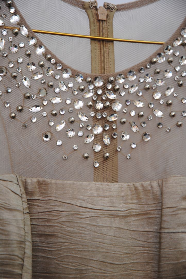 champagne taupe Julianna's Luxe Eliza J Embellished Mesh-Neck Cocktail Dress, 6