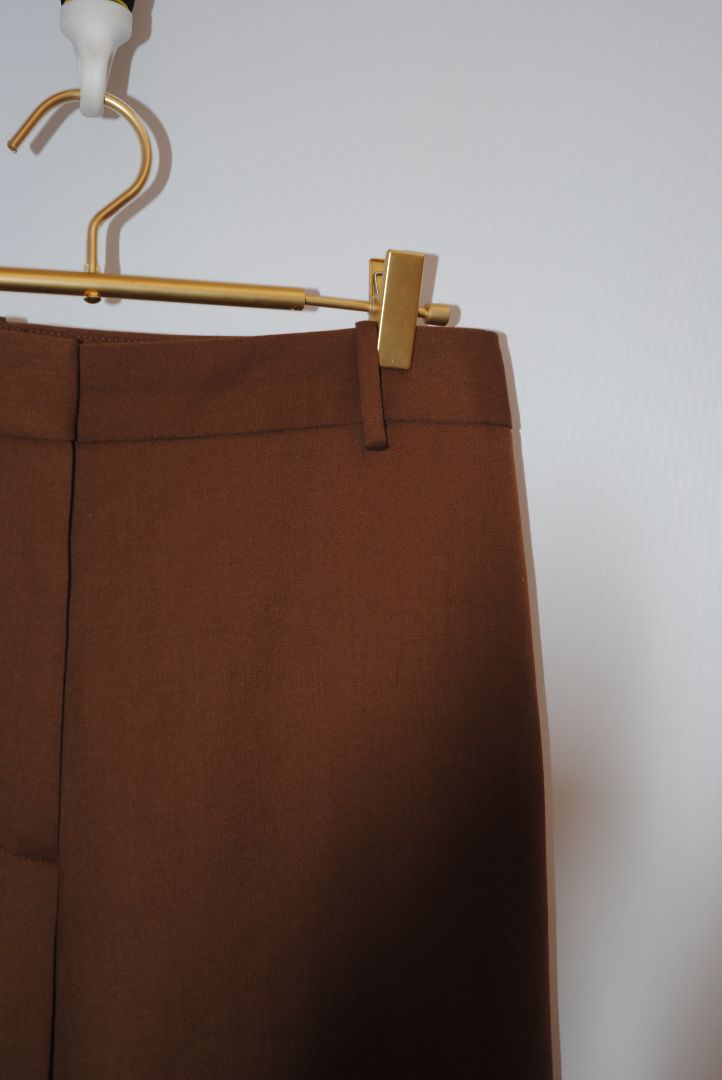 warm chestnut brown Nili Lotan high waisted wide leg pants, 10