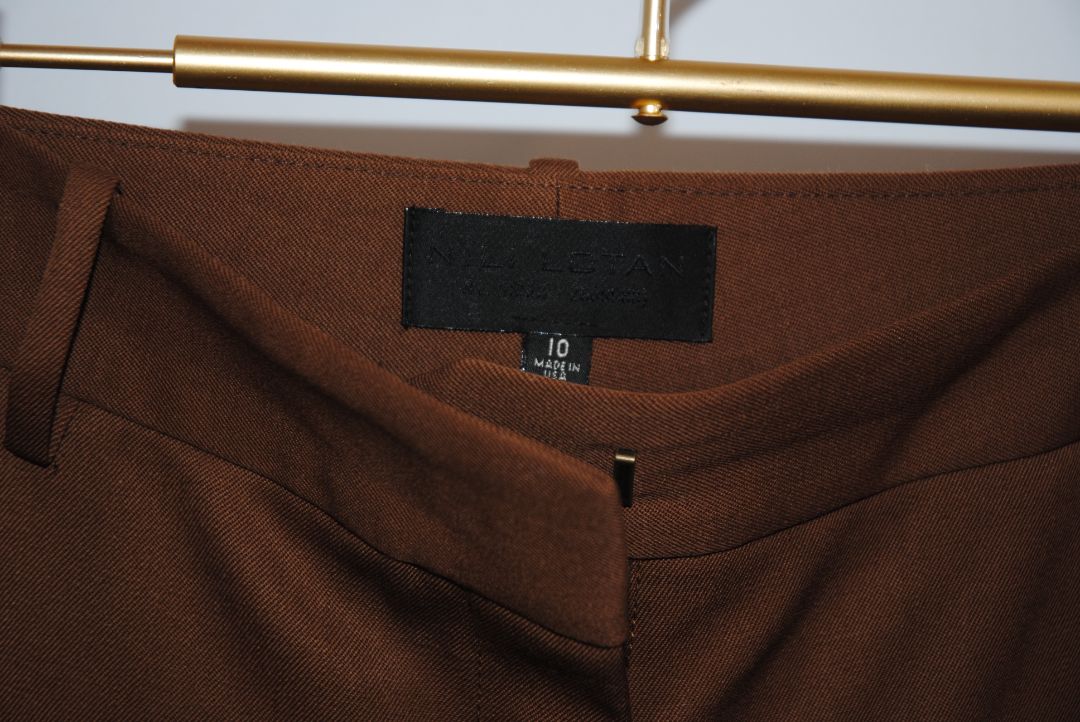 warm chestnut brown Nili Lotan high waisted wide leg pants, 10