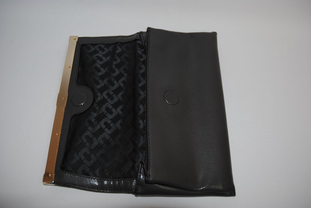 snake skin and gray Diane von Furstenberg clutch, Length: 11” Height: 6” Depth: 1.5” Closure: Bar frame with hinge clasp