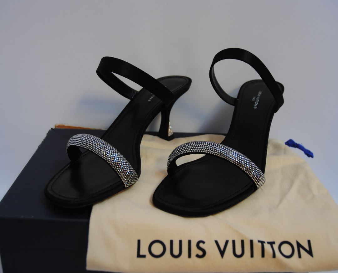 black Louis Vuitton crystal embellished sandals, 40 EU /Heel Height: 2 in (5 cm) Toe Shape: Square Strap Width: Front: ~0.5 in | Ankle: ~1 in Size: (Check stamped size inside insole or under the strap)