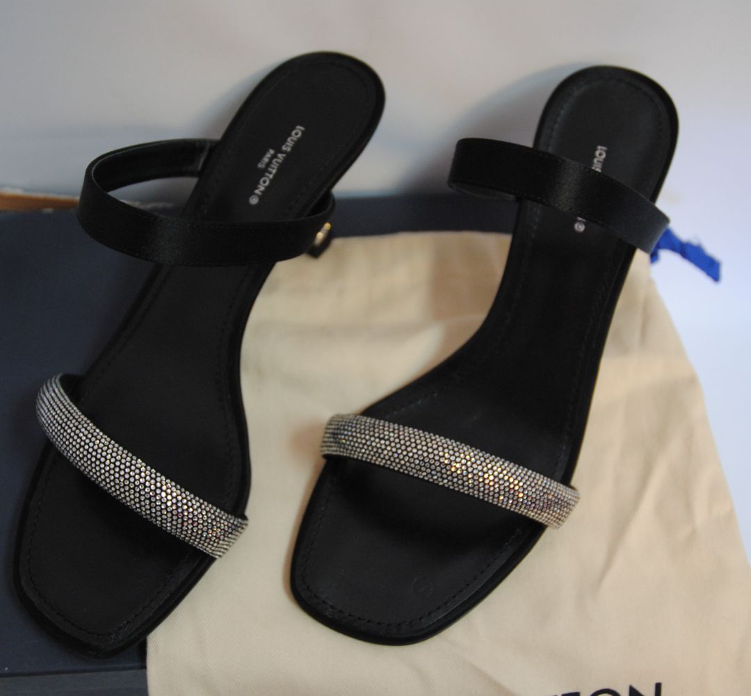 black Louis Vuitton crystal embellished sandals, 40 EU /Heel Height: 2 in (5 cm) Toe Shape: Square Strap Width: Front: ~0.5 in | Ankle: ~1 in Size: (Check stamped size inside insole or under the strap)