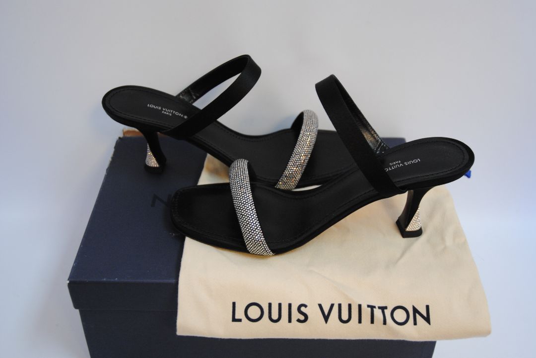 black Louis Vuitton crystal embellished sandals, 40 EU /Heel Height: 2 in (5 cm) Toe Shape: Square Strap Width: Front: ~0.5 in | Ankle: ~1 in Size: (Check stamped size inside insole or under the strap)
