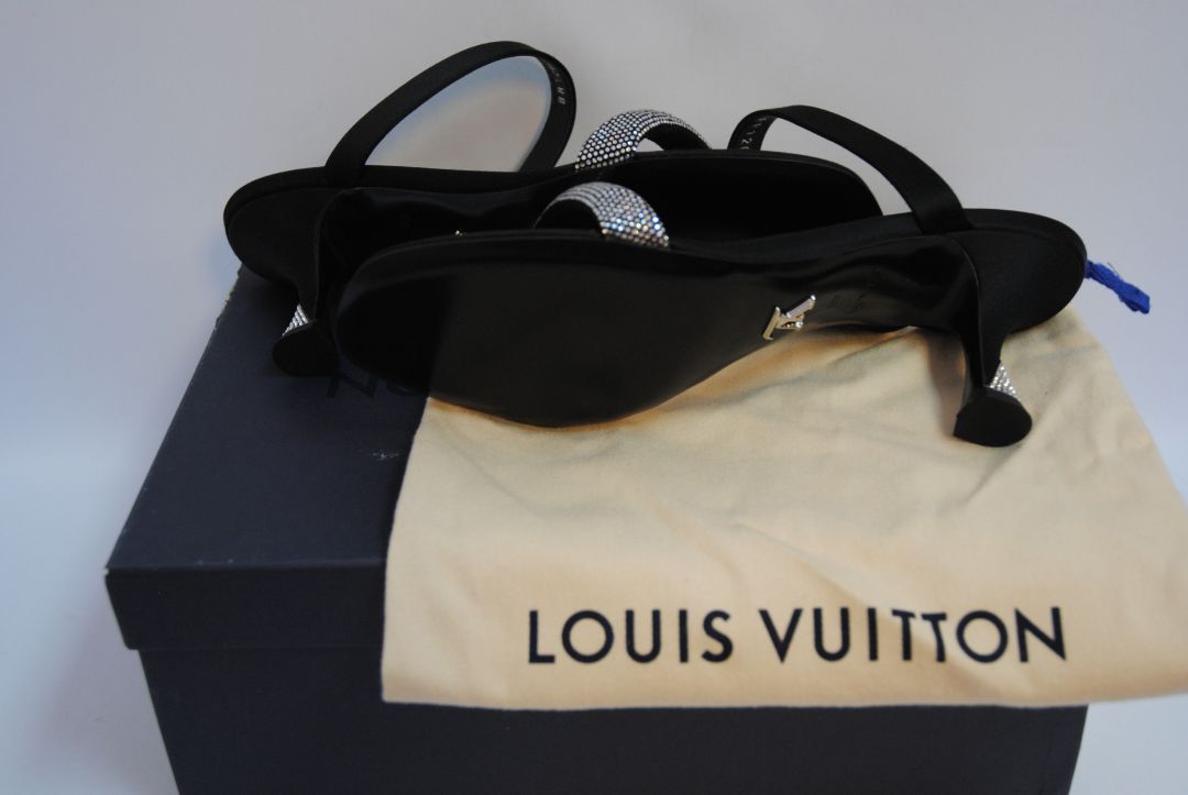 black Louis Vuitton crystal embellished sandals, 40 EU /Heel Height: 2 in (5 cm) Toe Shape: Square Strap Width: Front: ~0.5 in | Ankle: ~1 in Size: (Check stamped size inside insole or under the strap)