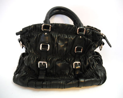 black Prada Matelasse Napa leather tote, Length: 15 in (38 cm) Height: 11 in (28 cm) Depth: 6 in (15 cm) Handle Drop: 5.5 in Strap Drop (if included): 18–22 in