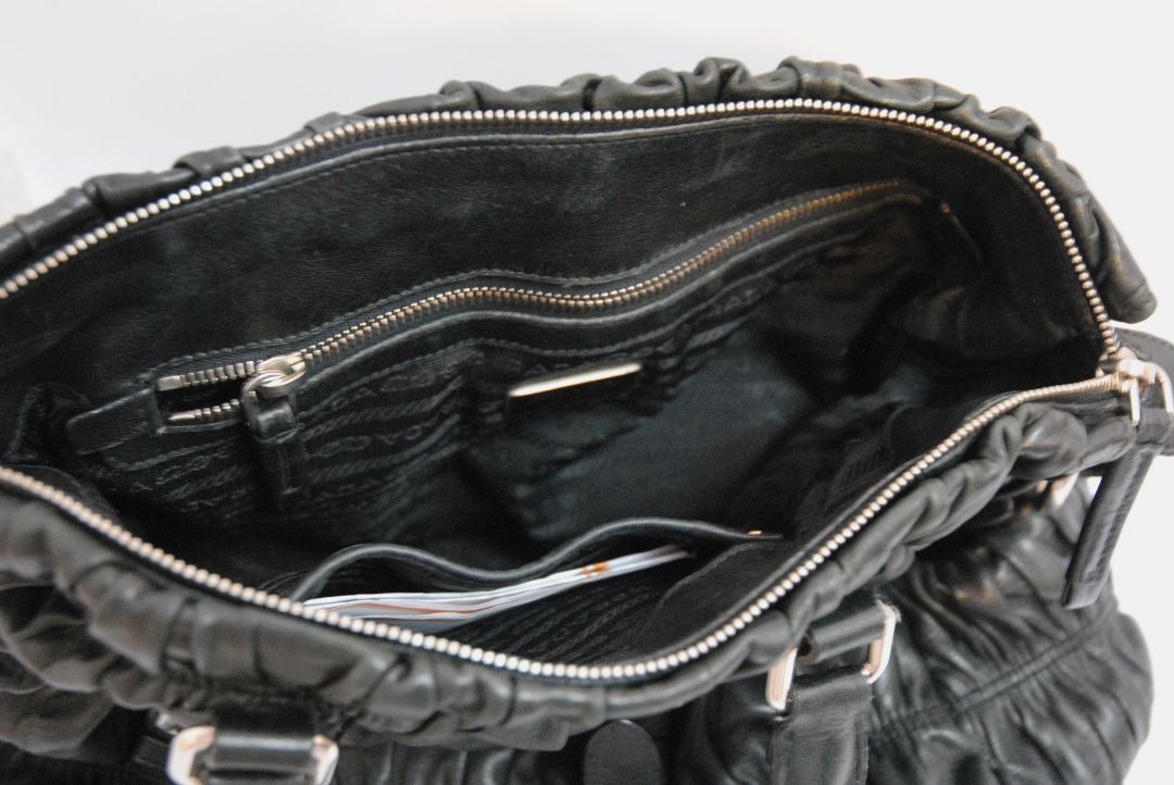 black Prada Matelasse Napa leather tote, Length: 15 in (38 cm) Height: 11 in (28 cm) Depth: 6 in (15 cm) Handle Drop: 5.5 in Strap Drop (if included): 18–22 in