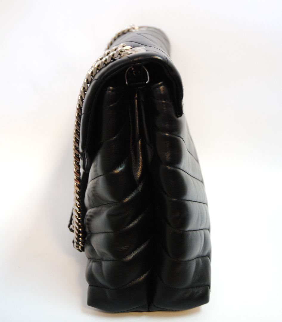 black and silver Saint Laurent loulou large calfskin, Length: 14 in (35.5 cm) Height: 10 in (25.5 cm) Depth: 5.1 in (13 cm) Strap Drop (Double Chain): ~11 in Strap Drop (Single Crossbody): ~19 in