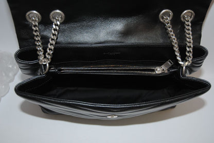 black and silver Saint Laurent loulou large calfskin, Length: 14 in (35.5 cm) Height: 10 in (25.5 cm) Depth: 5.1 in (13 cm) Strap Drop (Double Chain): ~11 in Strap Drop (Single Crossbody): ~19 in