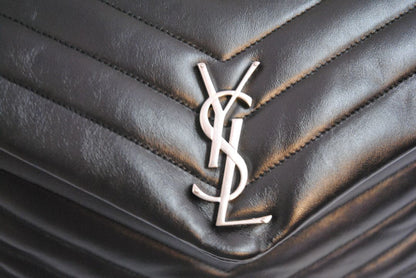 black and silver Saint Laurent loulou large calfskin, Length: 14 in (35.5 cm) Height: 10 in (25.5 cm) Depth: 5.1 in (13 cm) Strap Drop (Double Chain): ~11 in Strap Drop (Single Crossbody): ~19 in